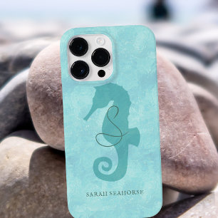 Seahorse Monogram Aqua Blue Cool Tropical Fish iPhone 15 Pro Max Case