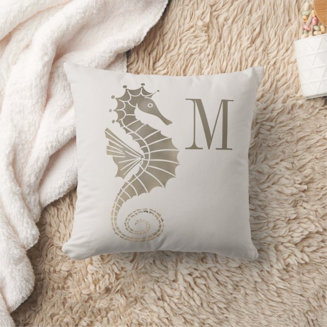 Seahorse Monogram Gold Cream Ocean Nautical Throw Pillow (Blanket)