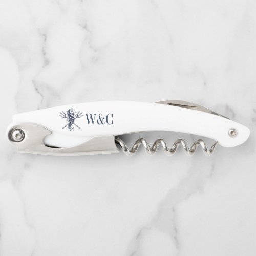 Seahorse Monogram Navy Blue Nautical  Waiters Corkscrew