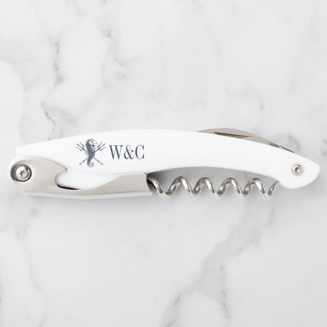 Seahorse Monogram Navy Blue Nautical  Waiter's Corkscrew (Front)