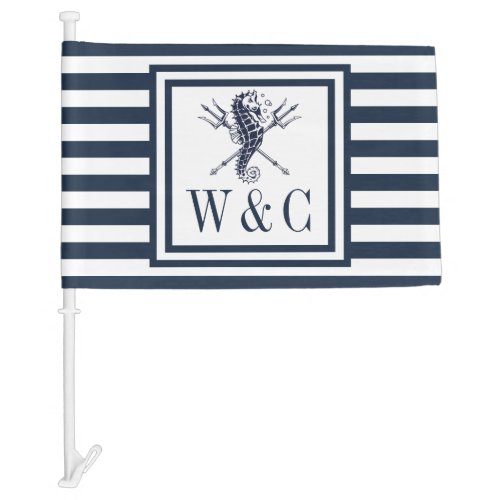 Seahorse Monogram Navy Blue Stripe Nautical Car Flag