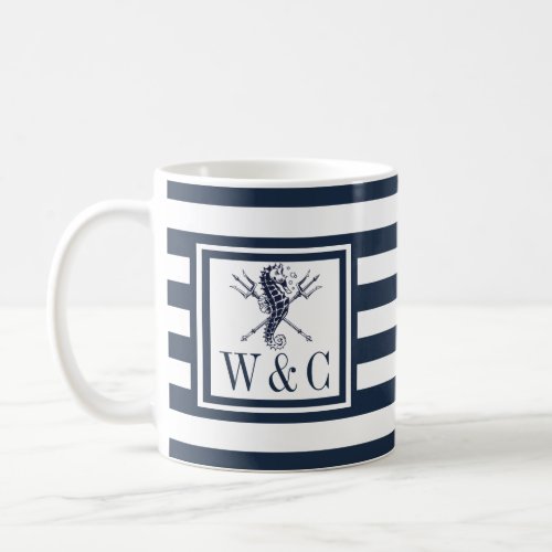 Seahorse Monogram Navy Blue Stripe Nautical Coffee Mug