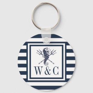 Seahorse Monogram Navy Blue Striped Nautical Keychain