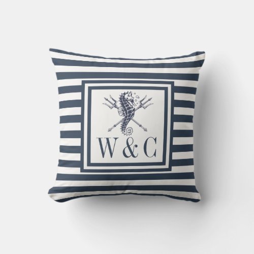 Seahorse Monogram Navy Blue Striped Nautical Outdoor Pillow