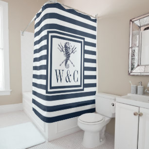 Seahorse Monogram Navy Blue Striped Nautical Shower Curtain