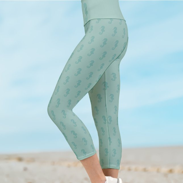 Seahorse Monogram Sea Green Capri Leggings (Sea green seahorse pattern capri leggings with space for your initial)