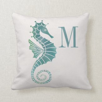 Seahorse Monogram Teal Cream Ocean Monogram Throw Pillow