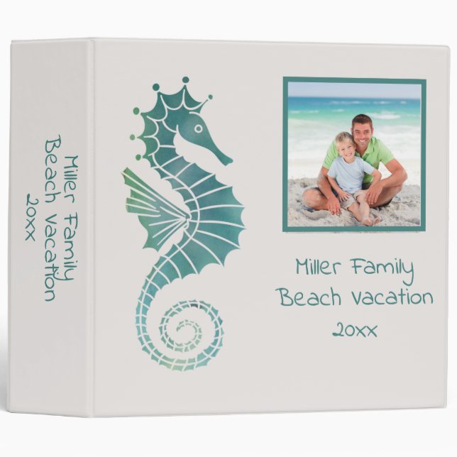 Seahorse Monogram Teal White Ocean Nautical Photo 3 Ring Binder (Front/Spine)