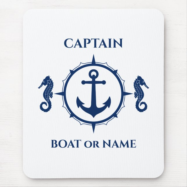Seahorse Nautical Anchor Captain Boat or Name Navy Mouse Pad (Front)