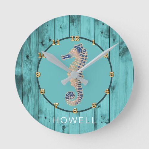 Seahorse Nautical Coastal Beach House Custom Name Round Clock