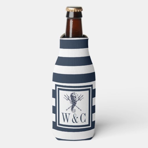 Seahorse Nautical Monogram Navy Blue Stripe Bottle Bottle Cooler