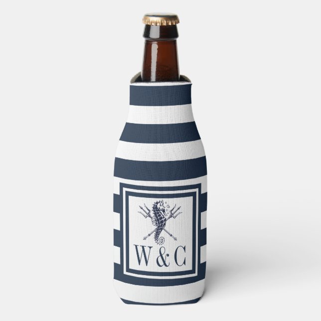 Seahorse Nautical Monogram Navy Blue Stripe Bottle Cooler (Bottle Front)