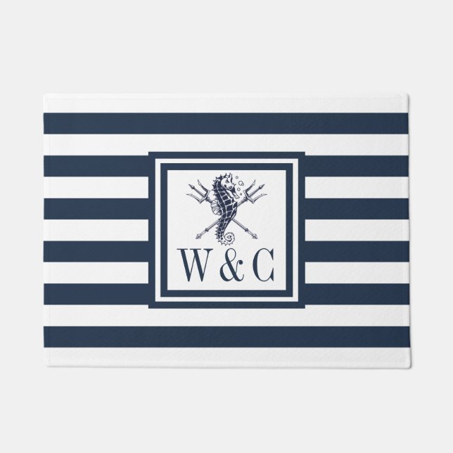 Seahorse Nautical Monogram Navy Blue Stripe Doormat (Front)
