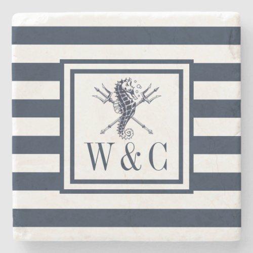 Seahorse Nautical Monogram Navy Blue Stripe Stone Coaster