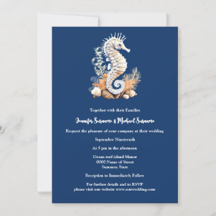 Seahorse nautical ocean blue white orange coral invitation