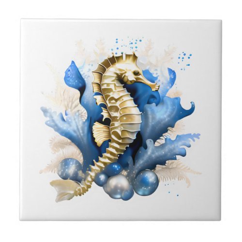 Seahorse nautical ocean fish blue gold fantasy  ceramic tile