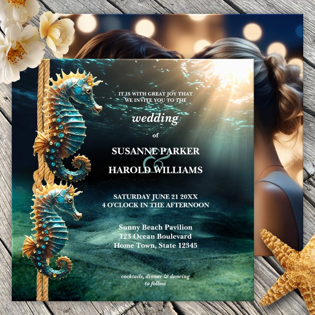 Seahorse Nautical Ocean Photo Wedding Invitation (Photo wedding invitation featuring two artistic seahorses on a nautical rope with knot in the ocean)