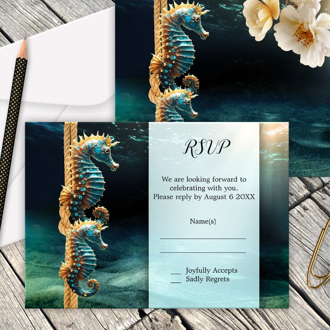Seahorse Nautical Wedding RSVP Card (Nautical wedding RSVP or enclosure card with two seahorses in a magical underwater world)