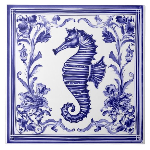 Seahorse Navy Blue and White Sea Ocean Beach House Ceramic Tile