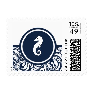 Seahorse Navy Blue Damask Beach Wedding Postage Seahorse Navy Blue Damask Beach Wedding Postage