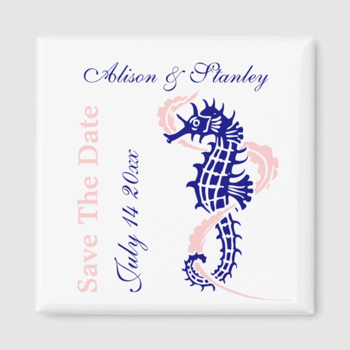 Seahorse navy blue, pink wedding Save the Date Magnets