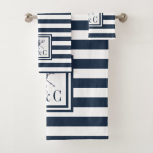 Seahorse Navy Blue Stripe Nautical Monogram Bath Towel Set