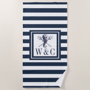 Seahorse Navy Blue Stripe Nautical Monogram Beach Beach Towel