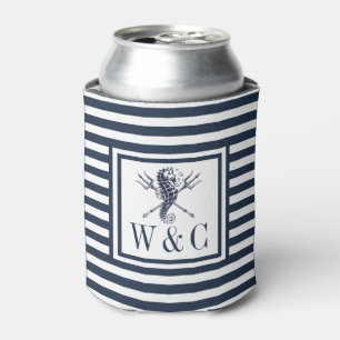 Seahorse Navy Blue Stripe Nautical Monogram Can Co Can Cooler