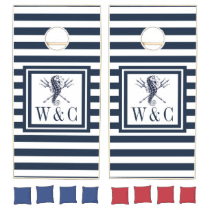 Seahorse Navy Blue Stripe Nautical Monogram Cornhole Set