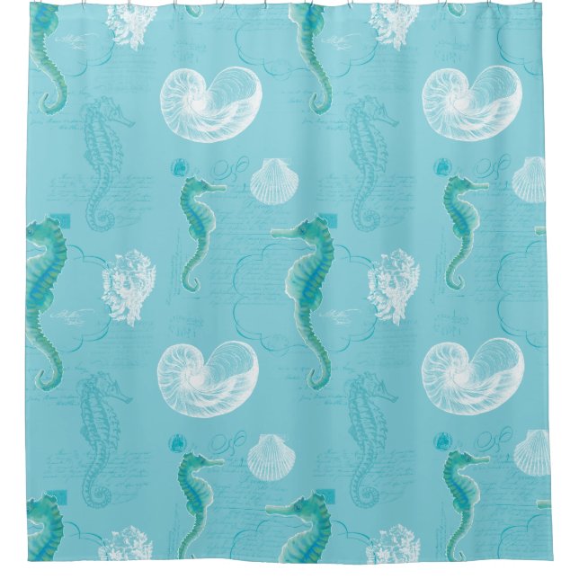 Seahorse Ocean Shells Sea Life Bathroom Decor Art Shower Curtain (Front)