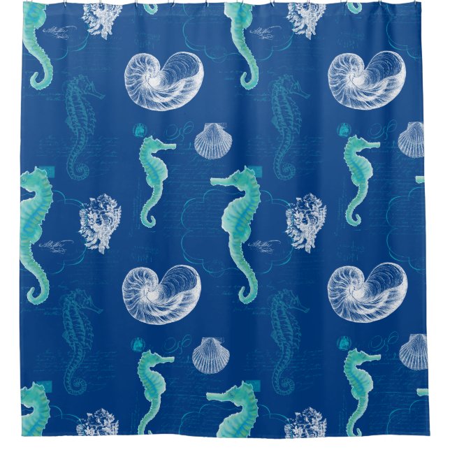 Seahorse Ocean Shells Sea Life Beach Home Decor Shower Curtain (Front)