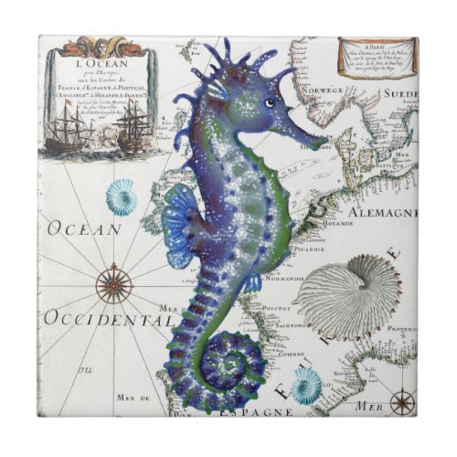 Seahorse Old Map Ceramic Tile