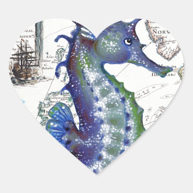 Seahorse Old Map Heart Sticker (Front)