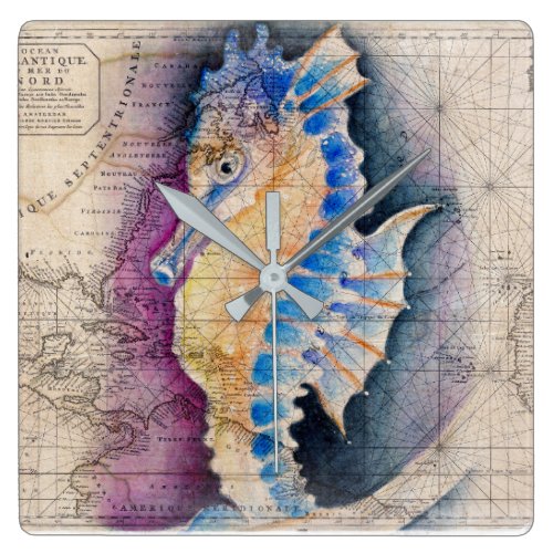 Seahorse old map square wall clock