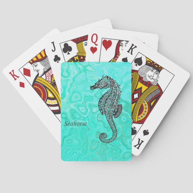 Seahorse on Aqua Splash Turquoise Marble Pattern Poker Cards (Back)