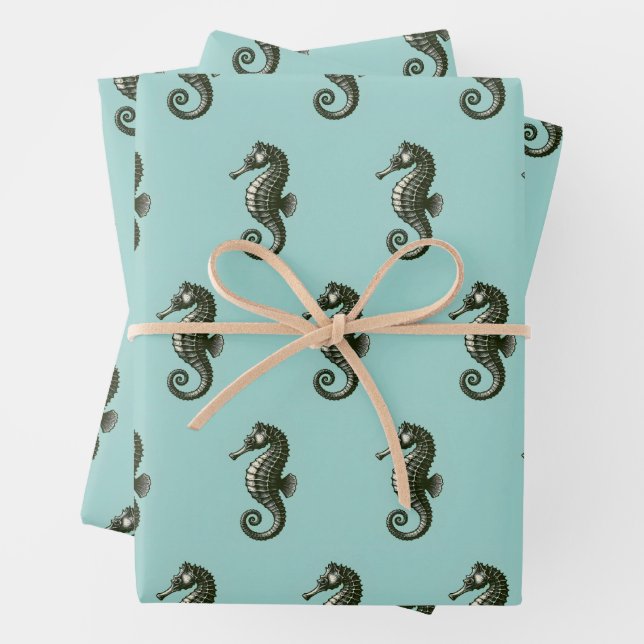Seahorse on Blue Wrapping Paper Sheets (In situ)