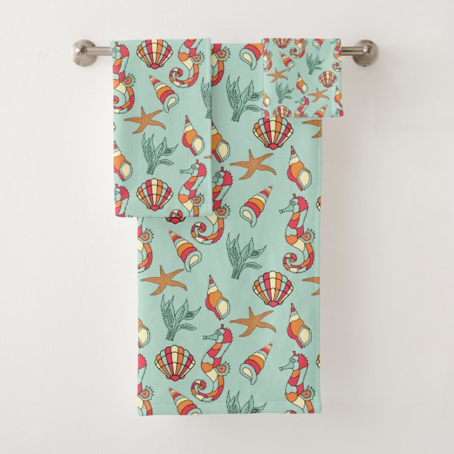Seahorse on Mint Green Background Bath Towel Set (Insitu)