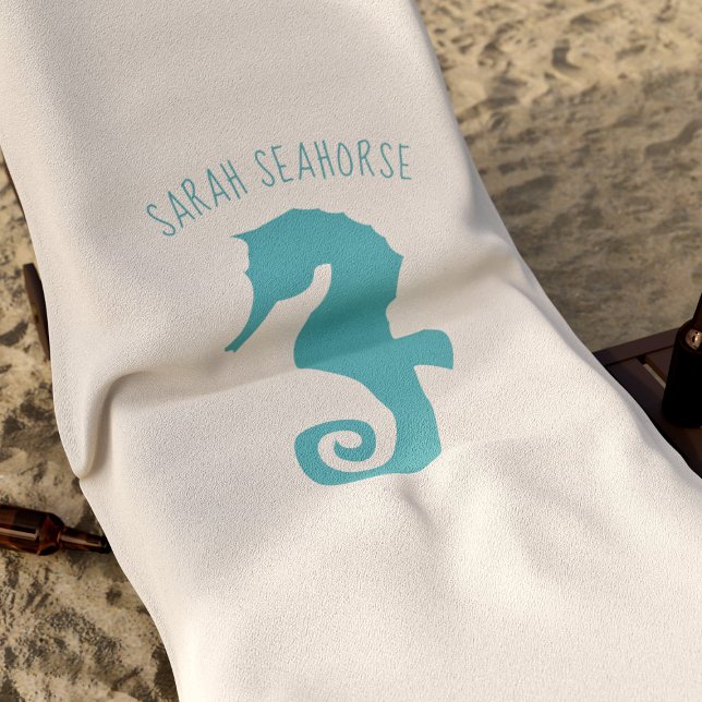Seahorse on Sand Personalized Beach Towel (A seahorse-y sandy beach towel with space fro your name)