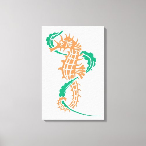 Seahorse orange emeral green and seaweed canvas print