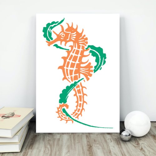 Seahorse orange emerald green and seaweed poster