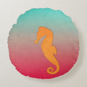 Seahorse orange silhouette Simple Nautical Round Pillow