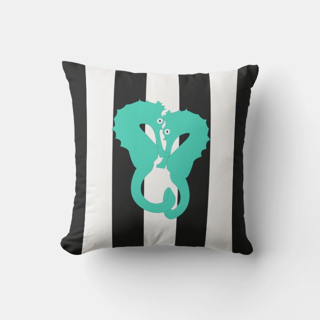 Seahorse Pair on Black and White Stripes Outdoor Pillow (Front)