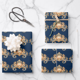 Seahorse pattern blue orange decoupage wrapping paper sheets