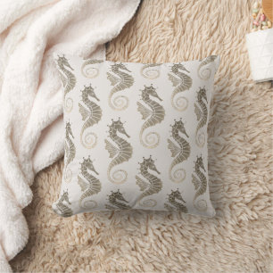 Seahorse Pattern Gold Cream Ocean Monogram Throw Pillow