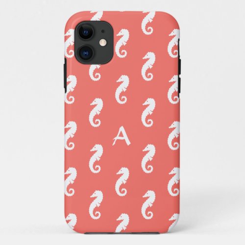 Seahorse Pattern in Coral and White Monogram iPhone 11 Case