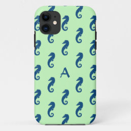 Seahorse Pattern in Mint Green &amp; Navy Monogram iPhone 11 Case