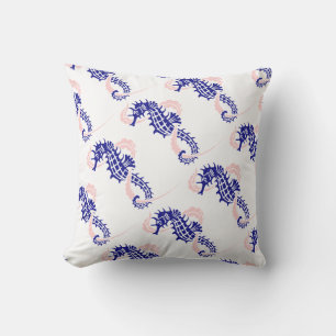 Seahorse pattern navy blue, pink summer reversible outdoor pillow