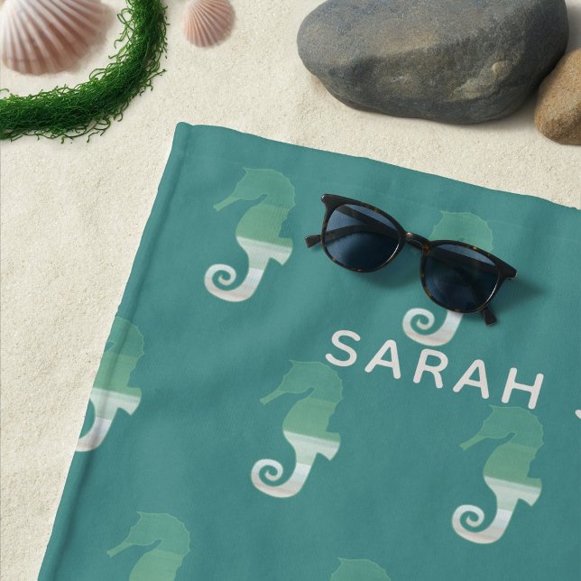 Seahorse Pattern Teal Ocean Beach Towel (Love seahorses & beach towels? Just add your name to this one and enjoy the beach)