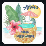 Seahorse Pineapple Mele Kalikimaka Beach Christmas Square Sticker<br><div class="desc">Beach theme stickers (or envelope seals) feature a watercolor seahorse using a tropical pineapple drink (decorated with palm leaves and hibiscus) as a swimming pool,  with sun,  sea and a starfish in the background and "Aloha" and "Mele Kalikimaka" greetings. Art by KL Stock</div>