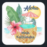 Seahorse Pineapple Mele Kalikimaka Beach Christmas Square Sticker<br><div class="desc">Beach theme stickers (or envelope seals) feature a watercolor seahorse using a tropical pineapple drink (decorated with palm leaves and hibiscus) as a swimming pool,  with sun,  sea and a starfish in the background and "Aloha" and "Mele Kalikimaka" greetings. Art by KL Stock</div>